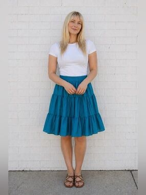 Vintage 70s Blue A-Line Ruffle Square Dancing Skirt Cottagecore Festival Medium